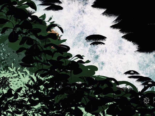 An illustration of a creek running through a grassy area of a forest. Has the cryptech kingdom logo in the corner