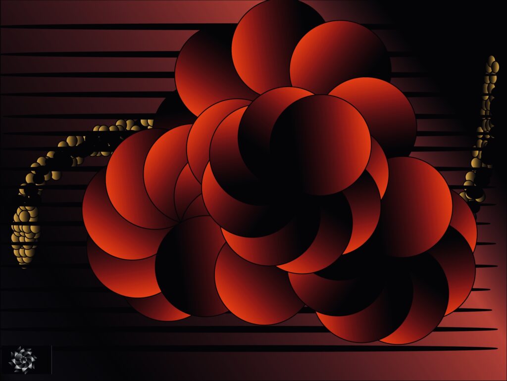 An illustration of a red and black circular flower with snake constructed of beads drawn. This has a red background with black lines in it. Has the cryptech kingdom logo in the corner