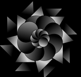A grey and black monochrome mandala like star for site logo has a black background