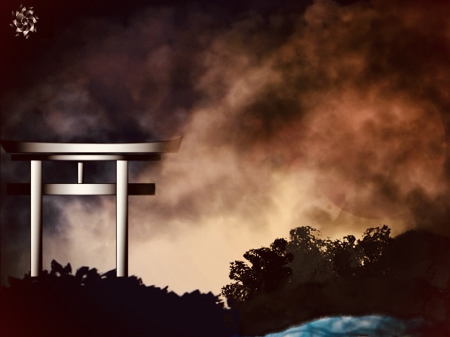 An illustration of a sunset forming as storm clouds roll out near a Torrey arch with a forrest and water near by Has the cryptech kingdom logo in the corner