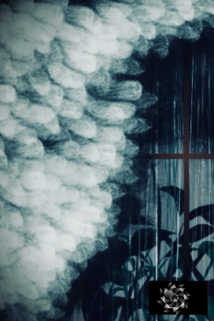 An illustration of an angels wing by a window with a storm outside. The angels wing shows comfort in a storm. A plant grows outside the window taking in nutrients from the storm. Has the cryptech kingdom logo in the corner