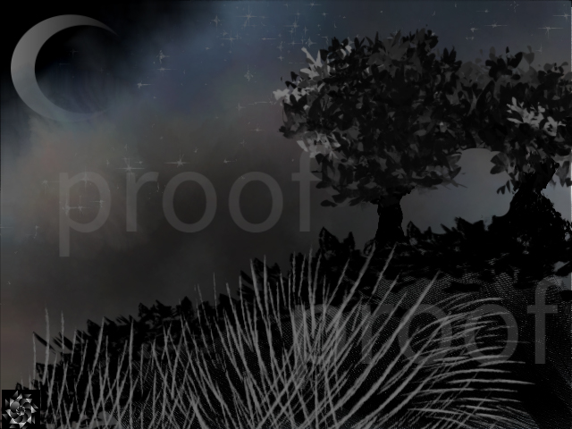 An illustration of two tres at dusk as a crescent moon rises above a grassy hillside.