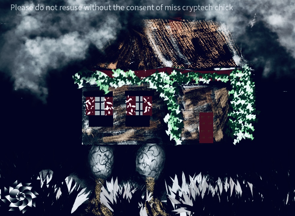 A house with chicken like legs lurks in a field. The house has red and white shutters and is a log cabin like look with ivy growing on it. The sky above is dark and. with clouds. Has the cryptech kingdom logo.