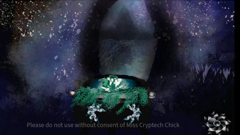 Digital Illustration. A doorway between the worlds shows the silhouette of a witch near a cauldron. The cauldron has flowers and water in the vessel. Has the cryptech kingdom logo.