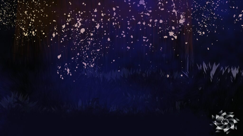 Digital illustration of a base of a tree fireflies swarm with a purple mist near some grass. has the cryptech kingdom logo