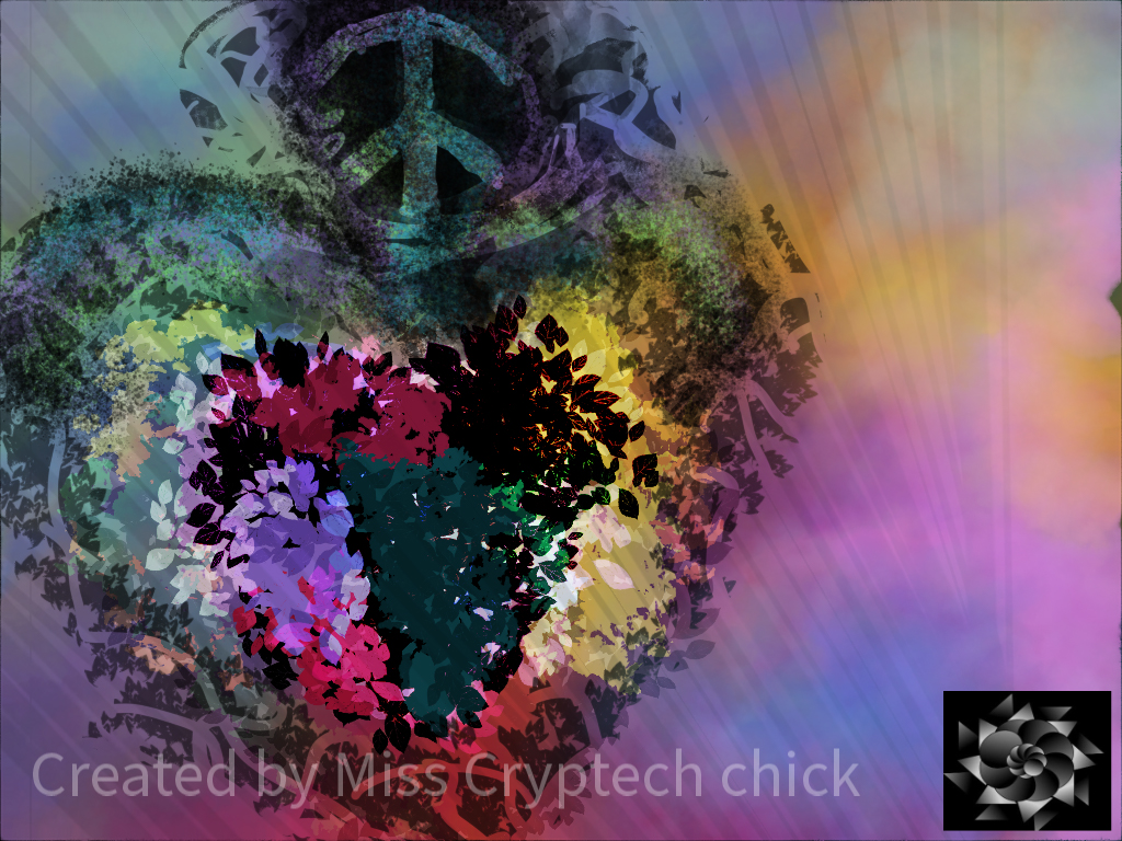 Digital Illustration of a heart made from random flowers and a peace sign. Has the cryptech kingdom logo