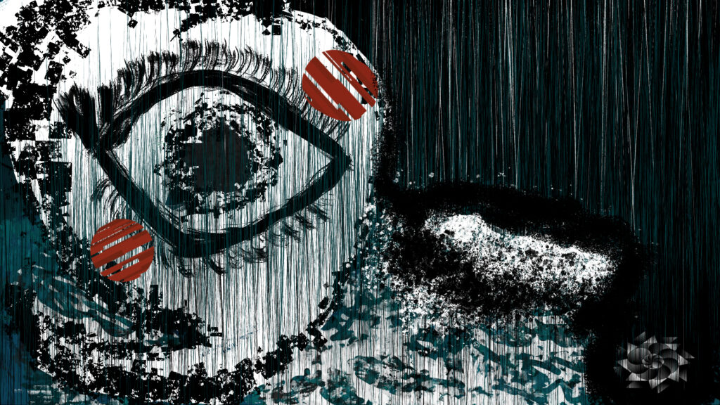 Digital illustration: A hurricane logo made to lookalike a mask with a humanoid eye. Contains elements of rain and turbulent sea off the cost of what looks like the gulf coast and Florida. The man is black and white with red highlights. Has the cryptech kingdom logo