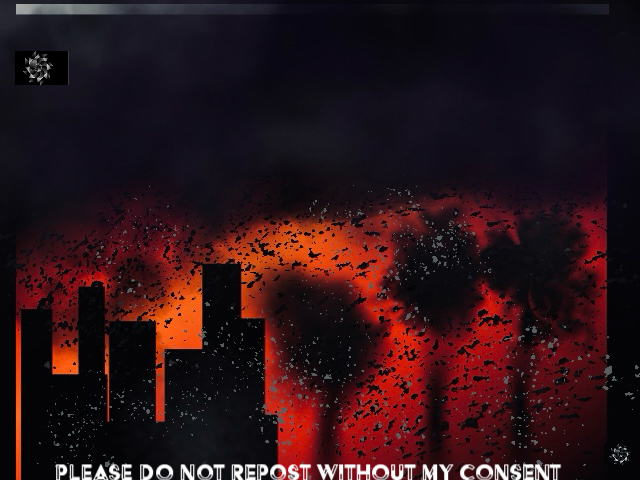 Digital Illustration. A city near a wild fire with palm trees and a fiery orange background. Has the cryptech kingdom logo