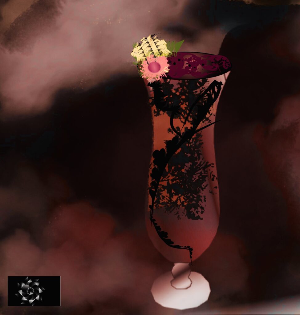Digital Illustration of a what is called a hurricane glass. The glass is red with black lace design with red smokey background. I drew this due to how much I love the shape of the cup