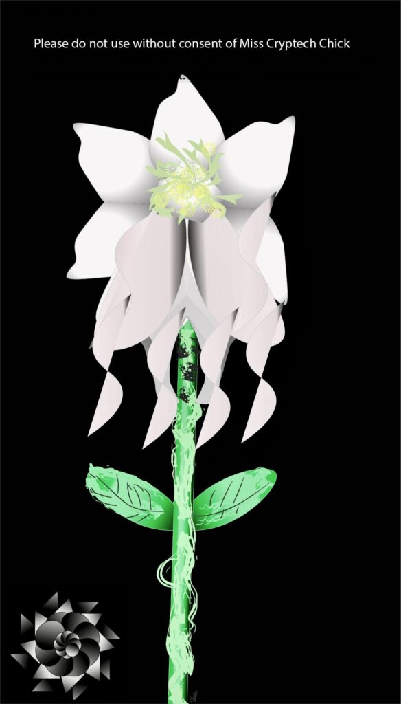 Digital Illustration of a white ghost orchid like flower. Has the cryptech kingdom logo.