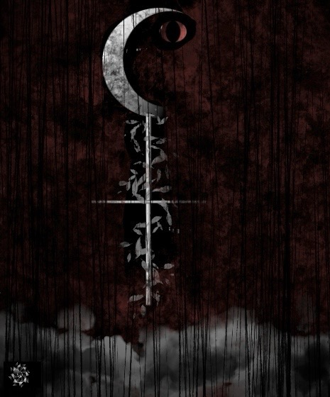 Digital Illustration. A red and black smokey background with the bottom one third grey smokey. The top has a crescent moon with a cross. looking logo to the bottom right corner wrapped in ivy. This symbol often is used for the goddess Lilith
