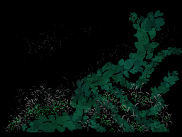 Digital Illustration: a black background with green ivy and small grassy sprouts growing