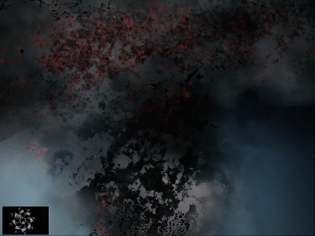 Digital Illustration of a tornado picking up debris against a grey sky. Has the cryptech kingdom logo