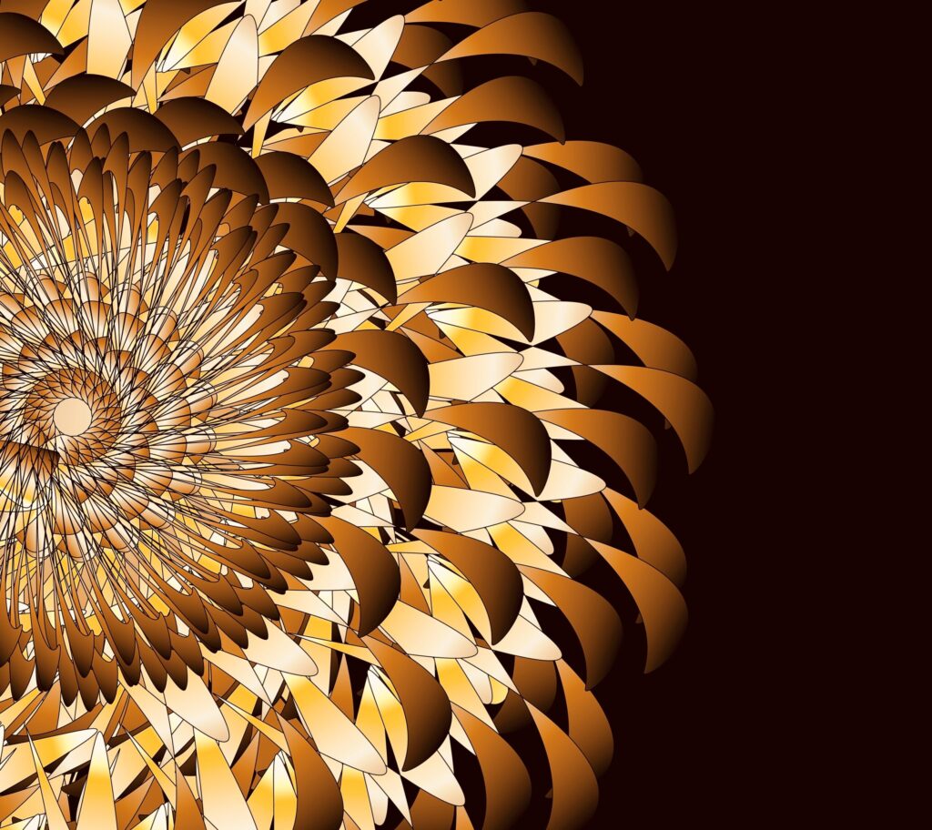 Digital Illustration. A gold chrysanthemum against a black background. has cryptech kingdom logo