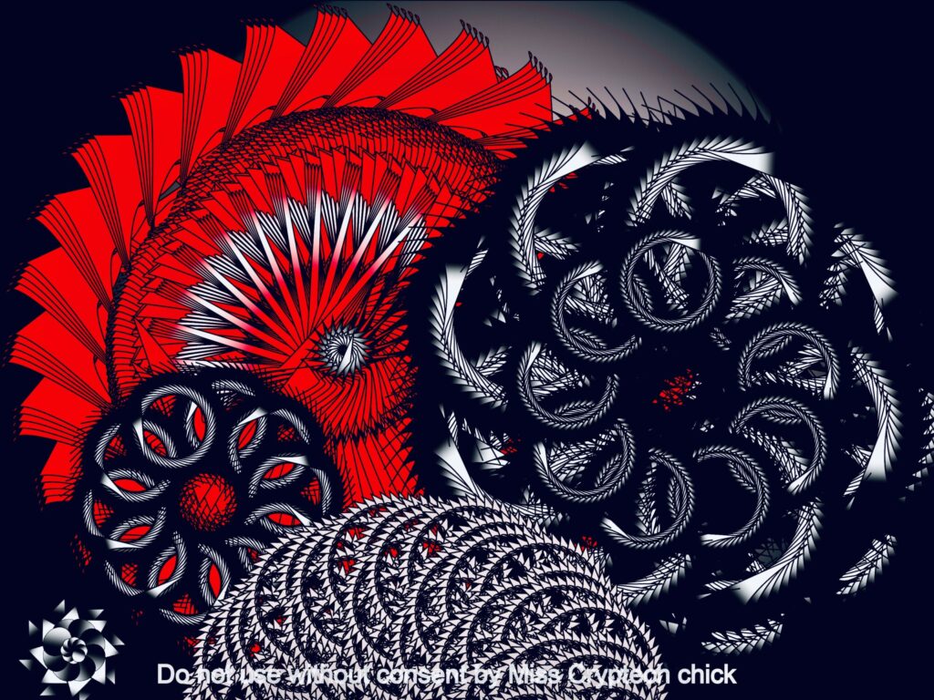 Digital Illustration. Gears made of red and black and white with different looks of lace, and wire drawn. Has the cryptech kingdom logo.