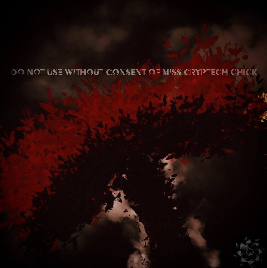 Digital Illustration. A tree grows with red leaves giving off an ominous energy glow. Has the cryptech kingdom logo