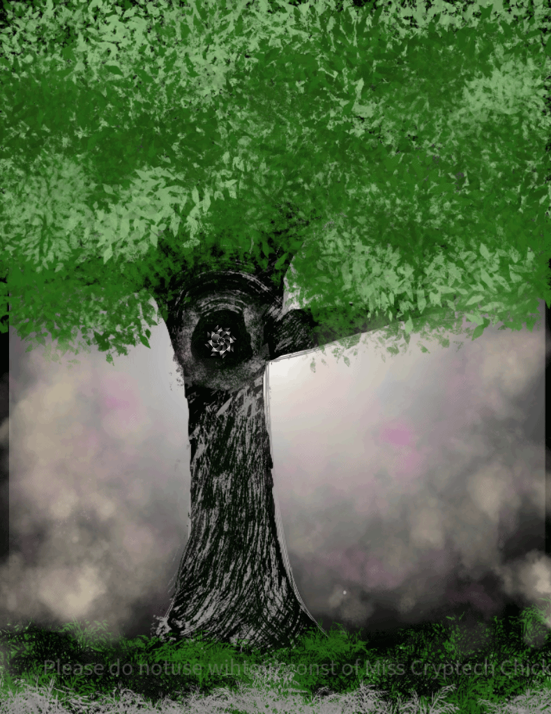 Digital Illustration. A tree with green full leaves grows near an enchanted miss. Fireflies float upward by some green grass. the tree has a hole burrowed into it with the cryptech kingdom logo