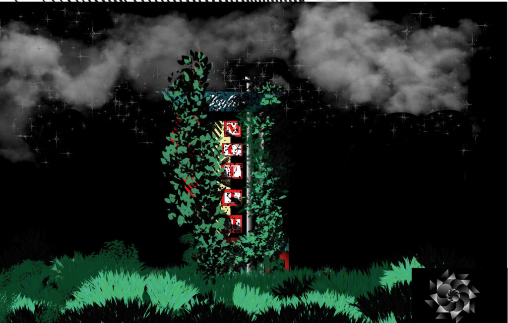 Digital Illustration. A forgotten motel sign in red and white stands covered in ivy with tall grass. Has the cryptech kingdom logo.