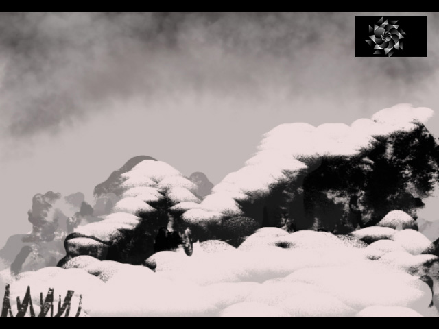 Digital Illustration. A snowscape in the mountains with some frozen vegetation I the left corner. Has the cryptech kingdom logo