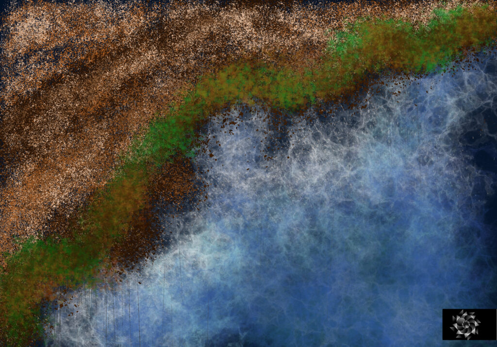 Digital Illustration of a lake near a beachside with some vegetation growing. Has the cryptech kingdom logo.