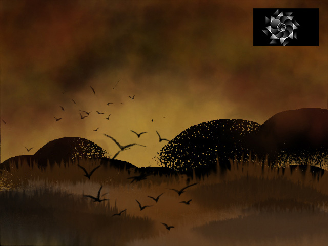 Digital Illustration A golden sunset with birds flocking near some trees in a swampy marsh. Has the cryptech kingdom logo