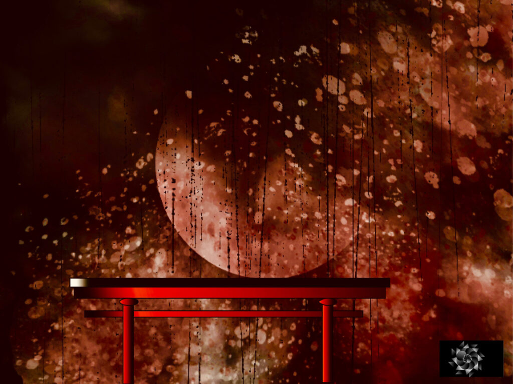 Digital Illustration of a strawberry pink moon with cherry blossoms floating over a torii arch. Has the cryptech kingdom logo