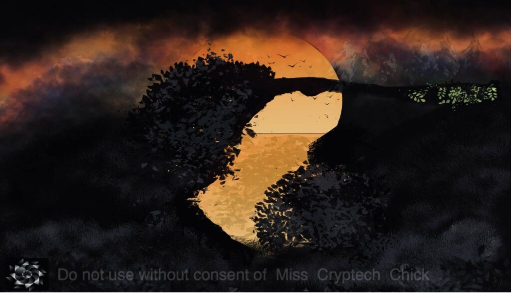 Digital Illustration: A sunset above with a tree laying over a water way with grass and other plant life. Has the cryptech kingdom logo