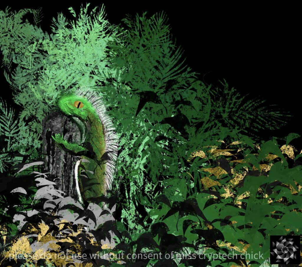 Digital illustration. A black background with green tropical like plants. A wooden stump is in the left corner which has a green lizard on the side of the stump. Has the cryptech kingdom logo
