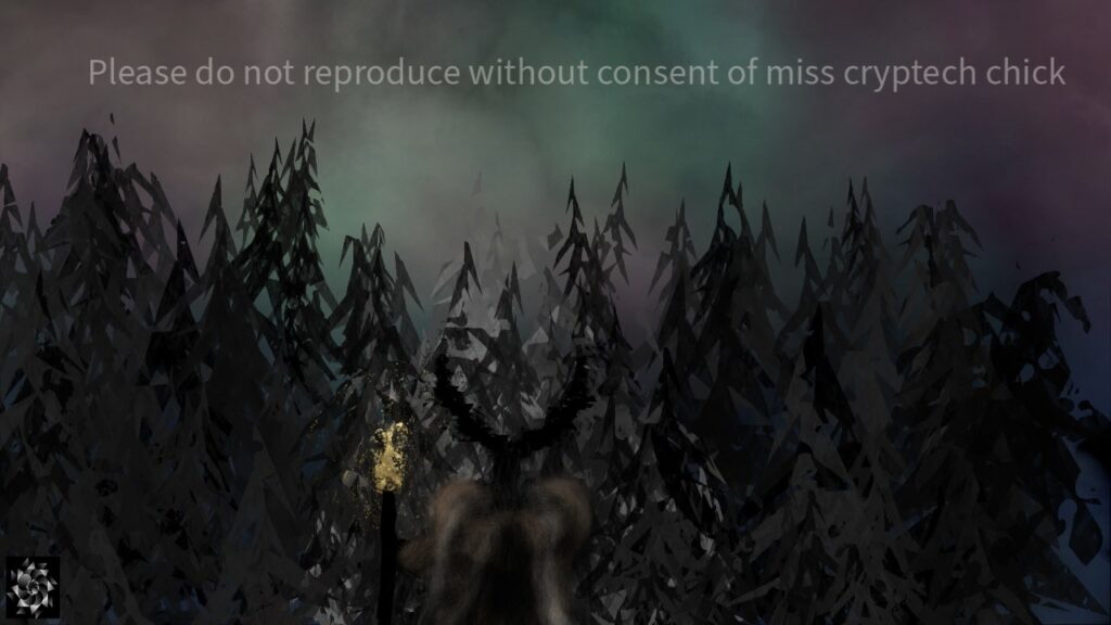 Digital Illustration The sky looks like the Aurora with. a pine forest. A figure with horns., the god Cernnunos walks with a torch wearing fur