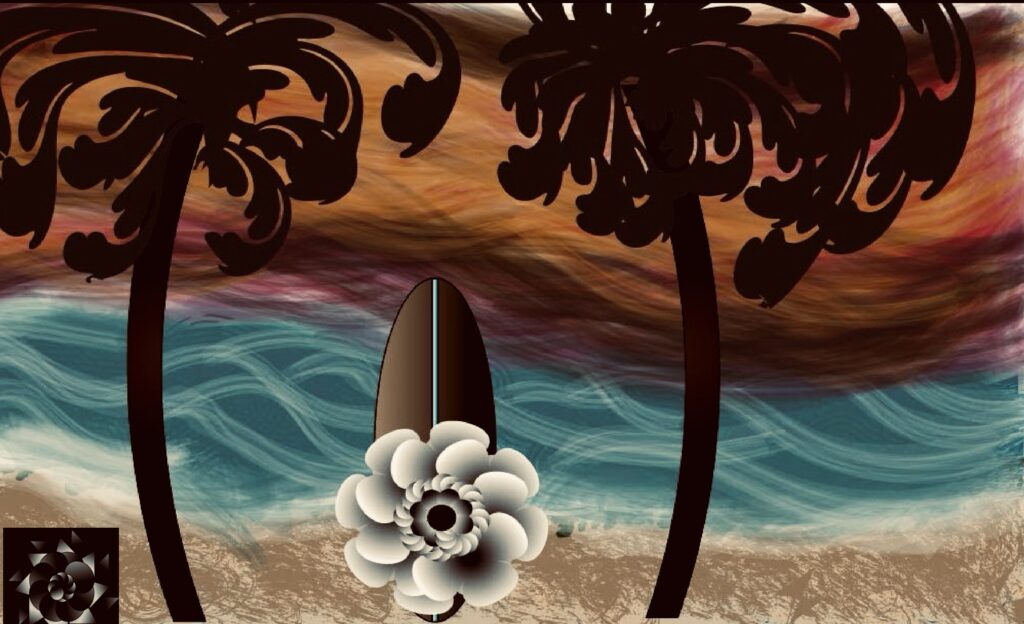 Digital Illustration of a golden sunset above an ocean. There are two palm trees and a surfboard that is tan with a blue line in the center and a white plumeria flower. Has the cryptech kingdom logo.