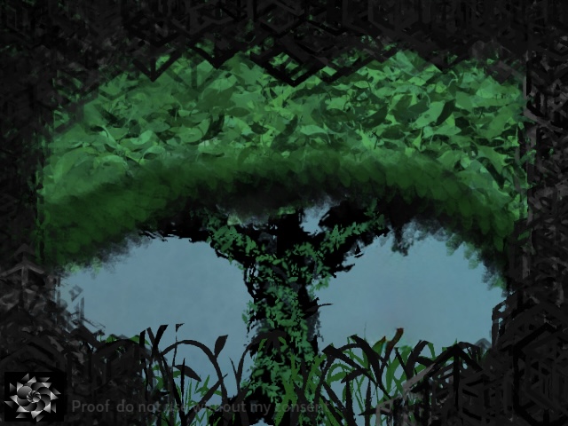 Digital illustration of a tree, growing covered in ivy and tall grass . The view is from as if one was coming out of a cave and this is the first thing you see. Has the cryptech kingdom logo