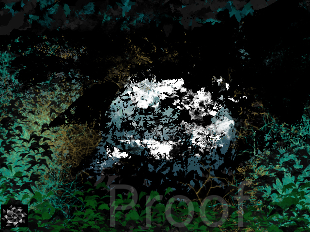 Digital illustration of a cave and water. The cave has plant life along its walls in grays, greens and tans.