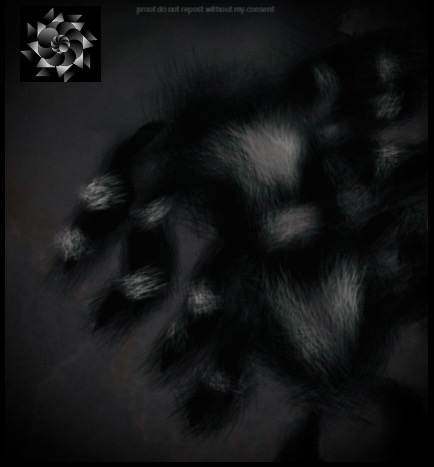 A digital illustration. A tarantula sits near a black background. Has the cryptech kingdom logo