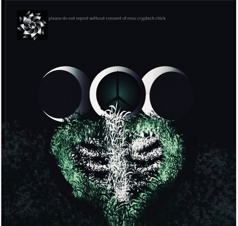 Digital illustration of a triple moon goddess symbol. The center moon is a peace sign. Below shows a heart shaped like rib cage made of soil and flowers. Has the cryptech kingdom logo