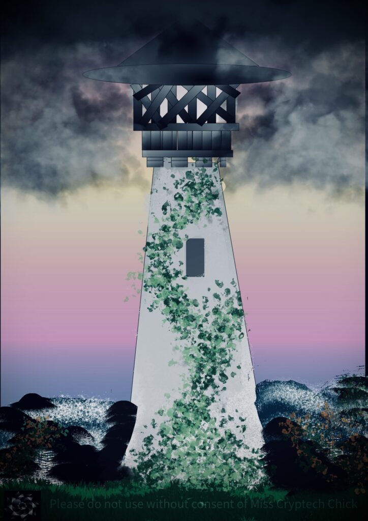 Digital Illustration: A white stone lighthouse with green moss growing on it by the sea and rocks. Above is a sunset with an incoming storm. Has the cryptech kingdom logo in the corner