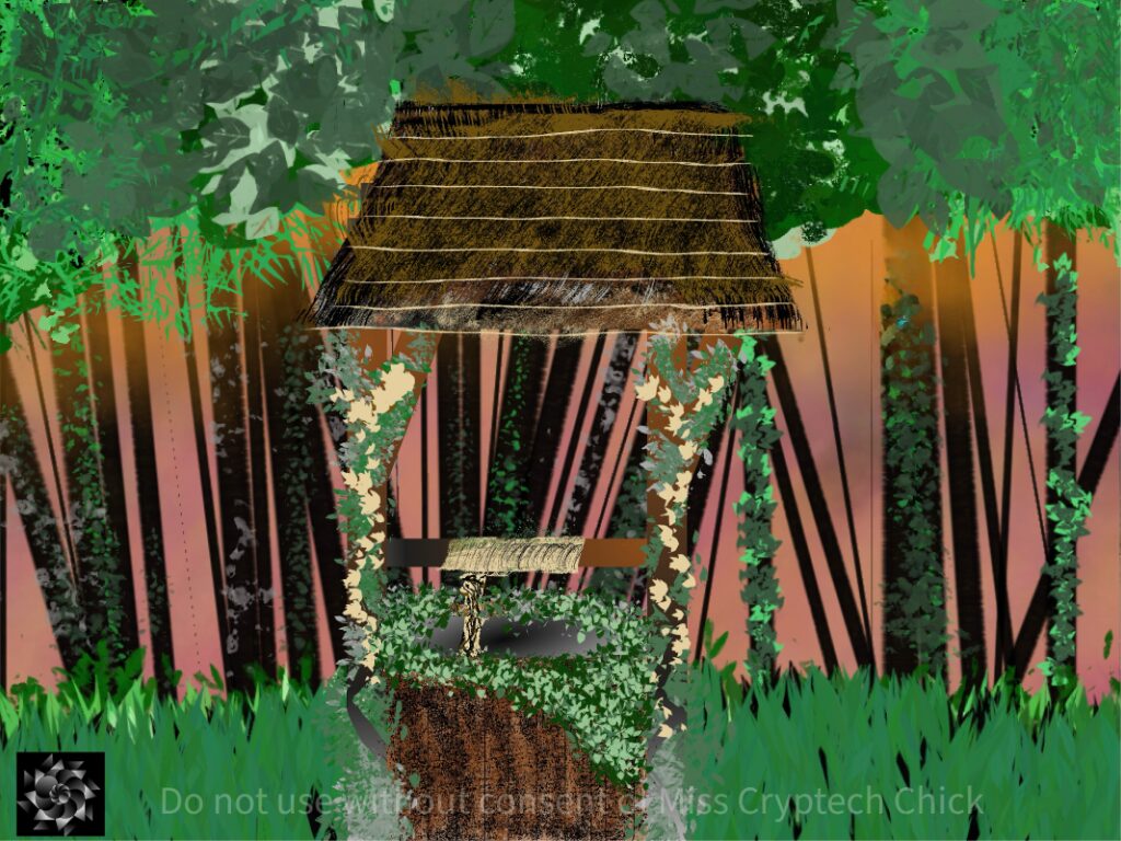 Digital illustration: A well found in the forest. The well is covered in ivy with green gras growing around the bottom. Has the cryptech kingdom logo.