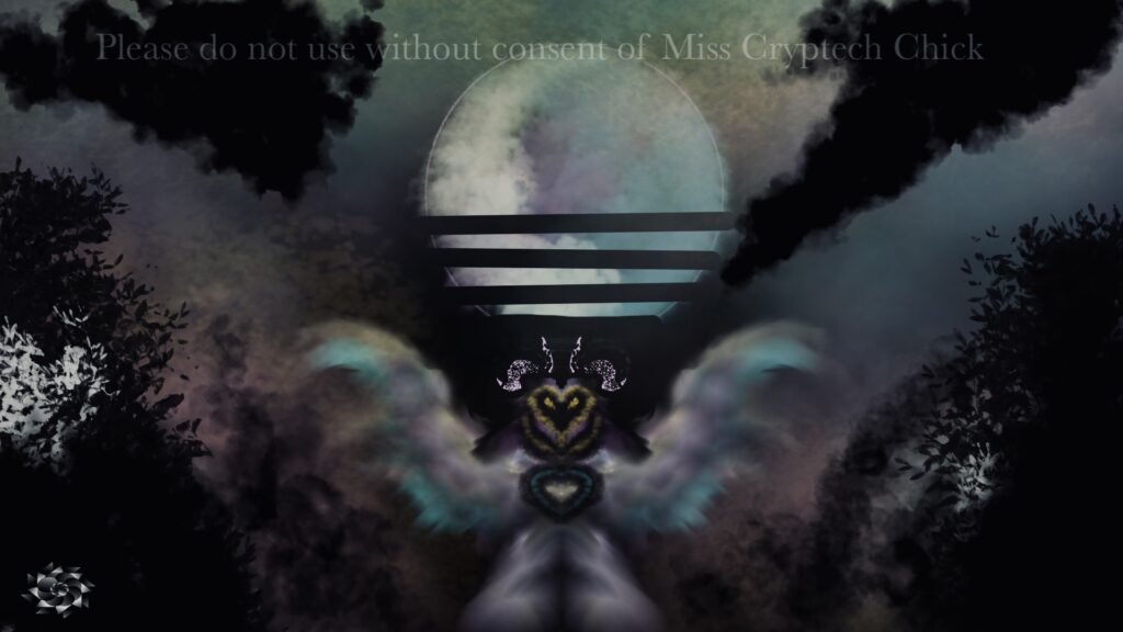text please do not use without the consent of mIss cryptech chick and has the cryptech kingdom logo A sky with dark wide streaks near a moon in peach blue and lavender. There are some trees and a golden glow on the other side of the bushes and trees. In the center is an owl like creature with blue purple and gold wings and a heart like logo floats symbolizing all is welcome here in the enchanted garden. The creature is name Mirro as a reminder to always look within and treat others with kindness and extol values of peace, love, unity and to be kind and respectful to all you met.