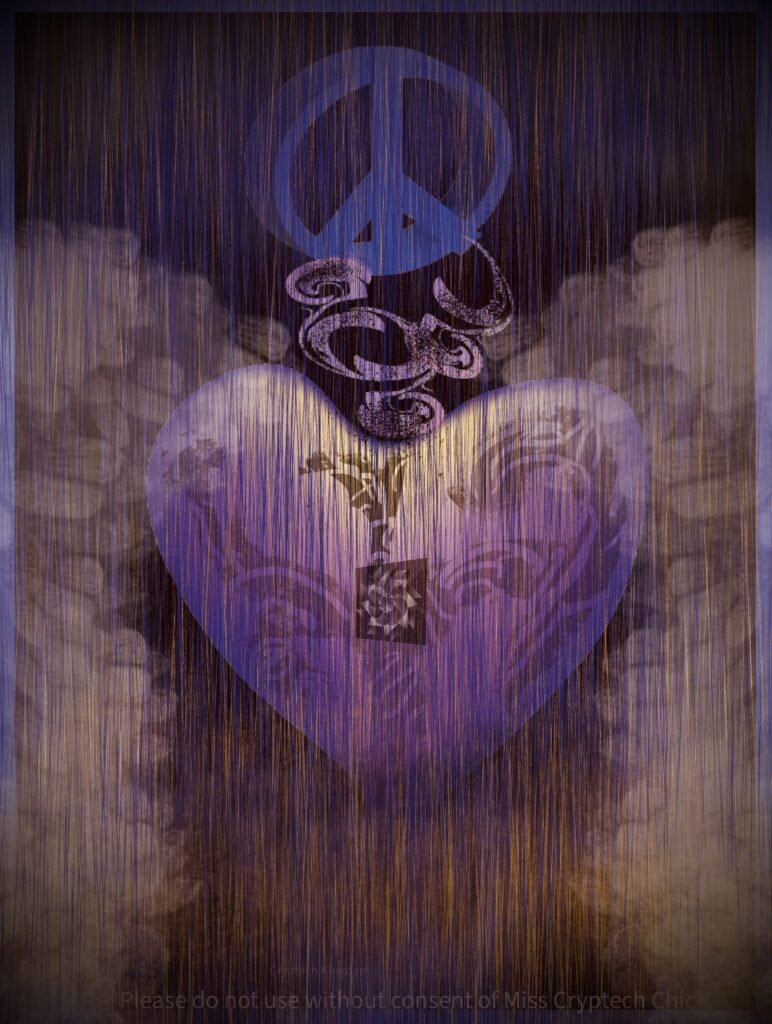 a purple peace sign hovers over a Purple Heart with yellow highlights at the center with dark filigree in the center. The heart is floating on angel wings with a lavender and gold colored rain storm. has the cryptech kingdom logo. text says. please do no use without consent of Miss Cryptech chick and cryptech kingdom.