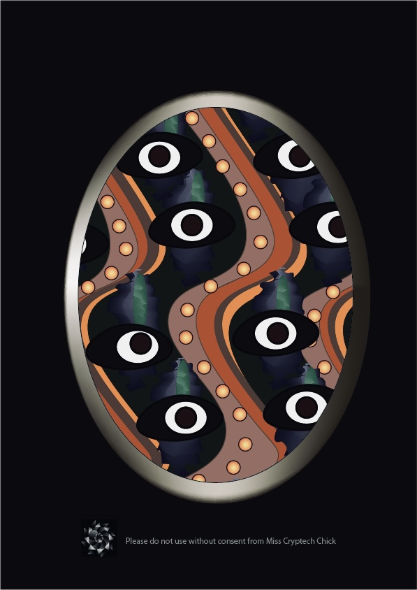 a black background with a sea of black and white eyes with green and black feathers outside along the middle watching over curves that are browns and oranges with gold little circles.